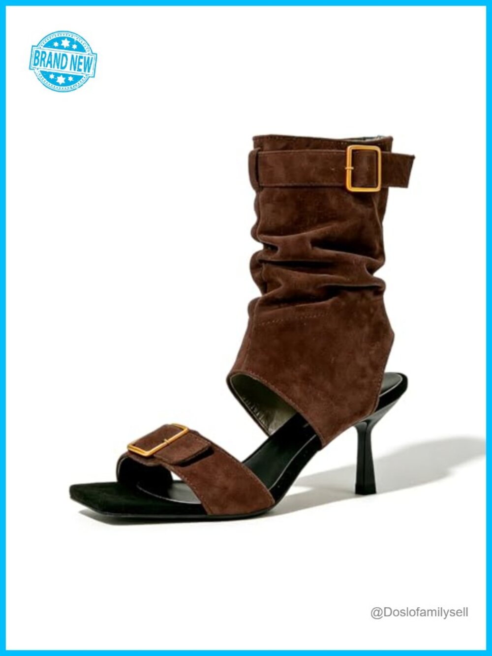 Faux Suede Kitten Heel Sandal Boots Belt Buckle Slingback Mid Calf Dance Sandals